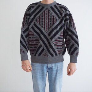Vintage Toscano Gray Geometric Pattern Sweater Eclectic Grandpa Retro Mens 3D L